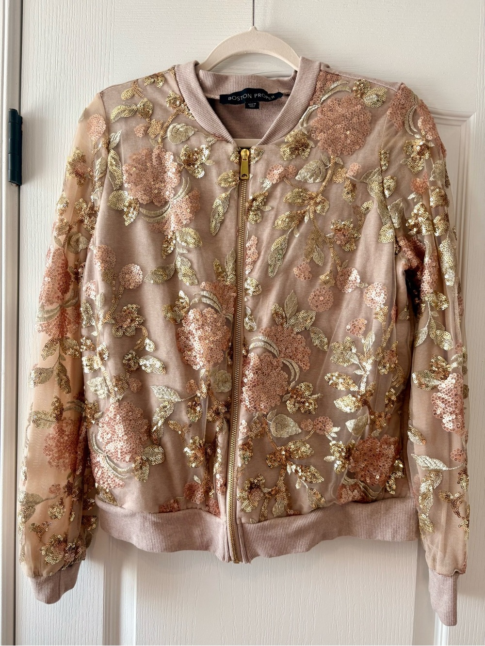 Boston Proper Pink Blush Jacket & Pants with Gold Sequin Floral Embroidery